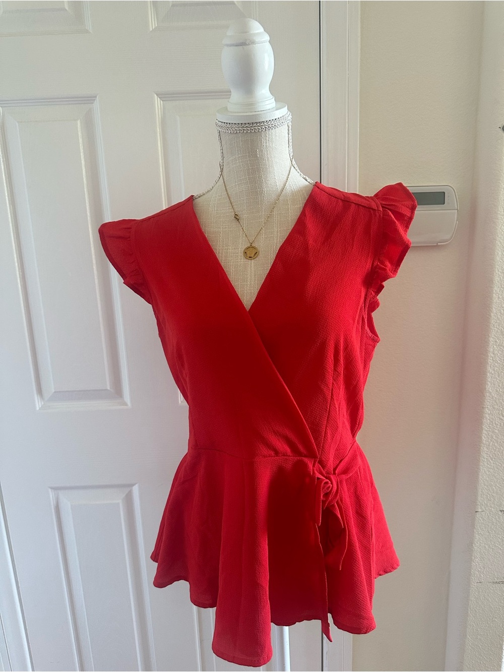 Monteau Bright Red Tie-Waist Wrap Peplum Top